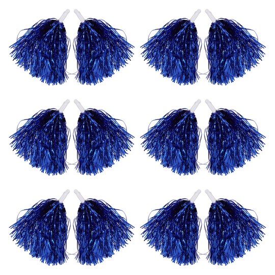 Cheerleading Pom Poms Blue Foil Fringe 6 Pairs